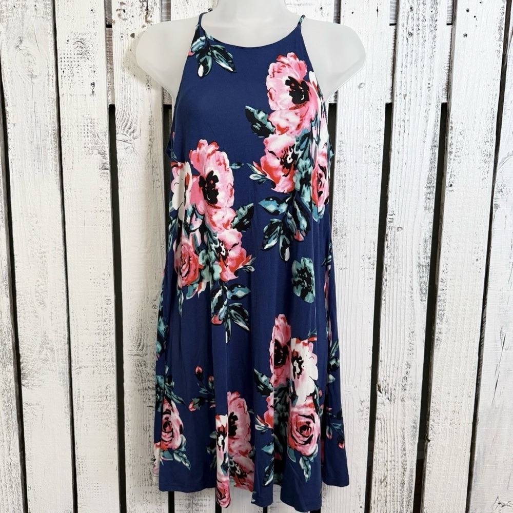 Floral A-line Dress‎ Sleeveless Navy Blue & Pink Size Small Above Knee Sundress